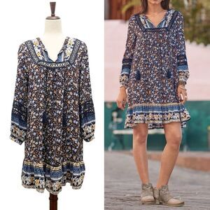 Sundance Simona Dress Blue Multi Floral Balloon Sleeve Peasant Dress Size Medium